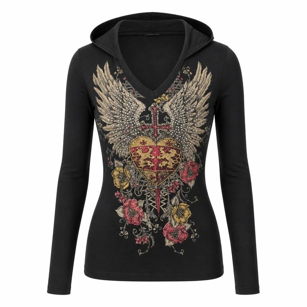 VTG Y2K Hoodie Shirt Womens S Gothic Winged Heart Cross Rose Grunge L/S Archaic